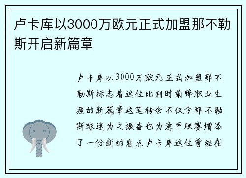 卢卡库以3000万欧元正式加盟那不勒斯开启新篇章